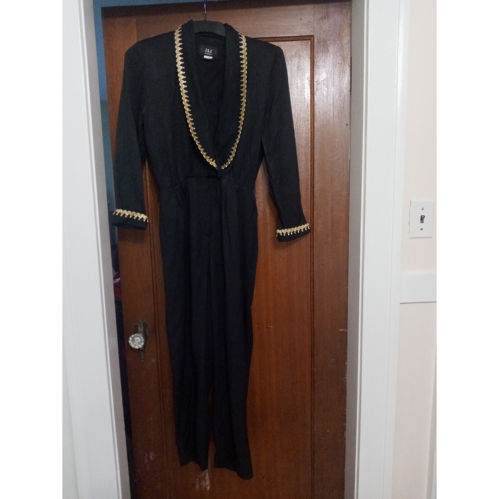 JSJ Vintage Retro Disco Black Jumpsuit Shoulder Pad Long Sleeve Size 8